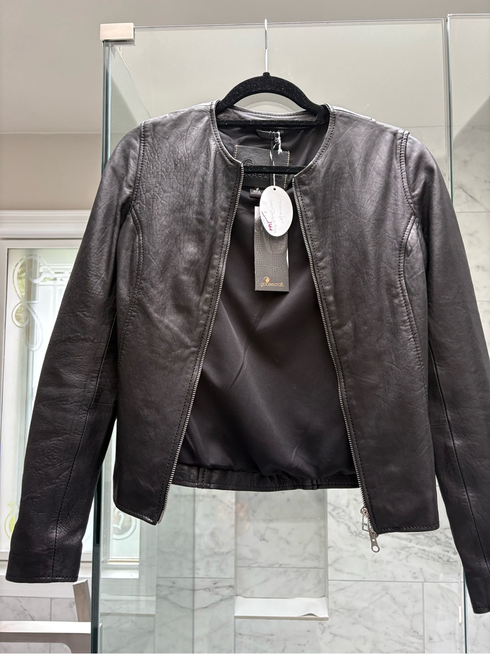 Women's Black Leather Zip Jacket - Minimal Collar